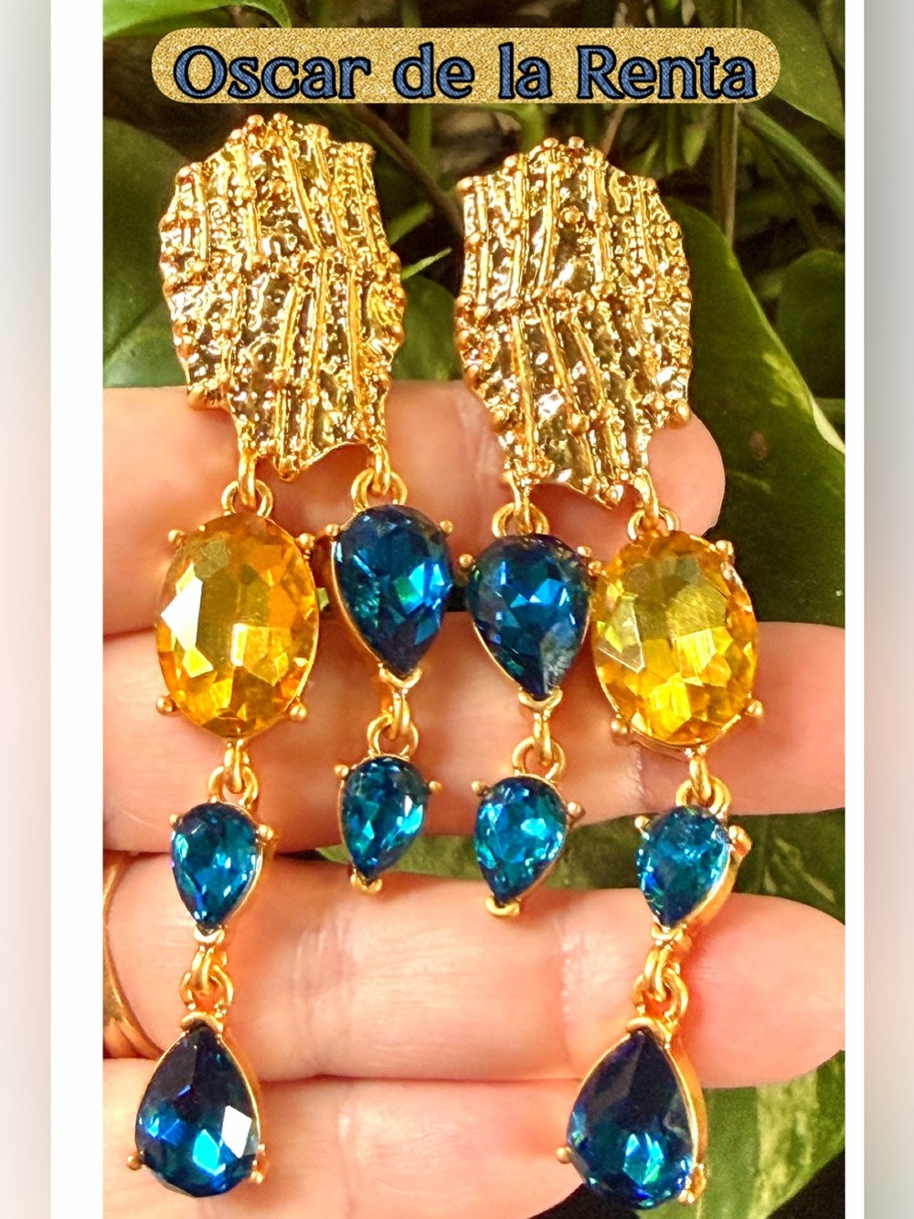 Oscar de la Renta Gold Tone Drop Earrings Citrine /Capri Blue Crystals⭐️ CLIP ON - Picture 4 of 12